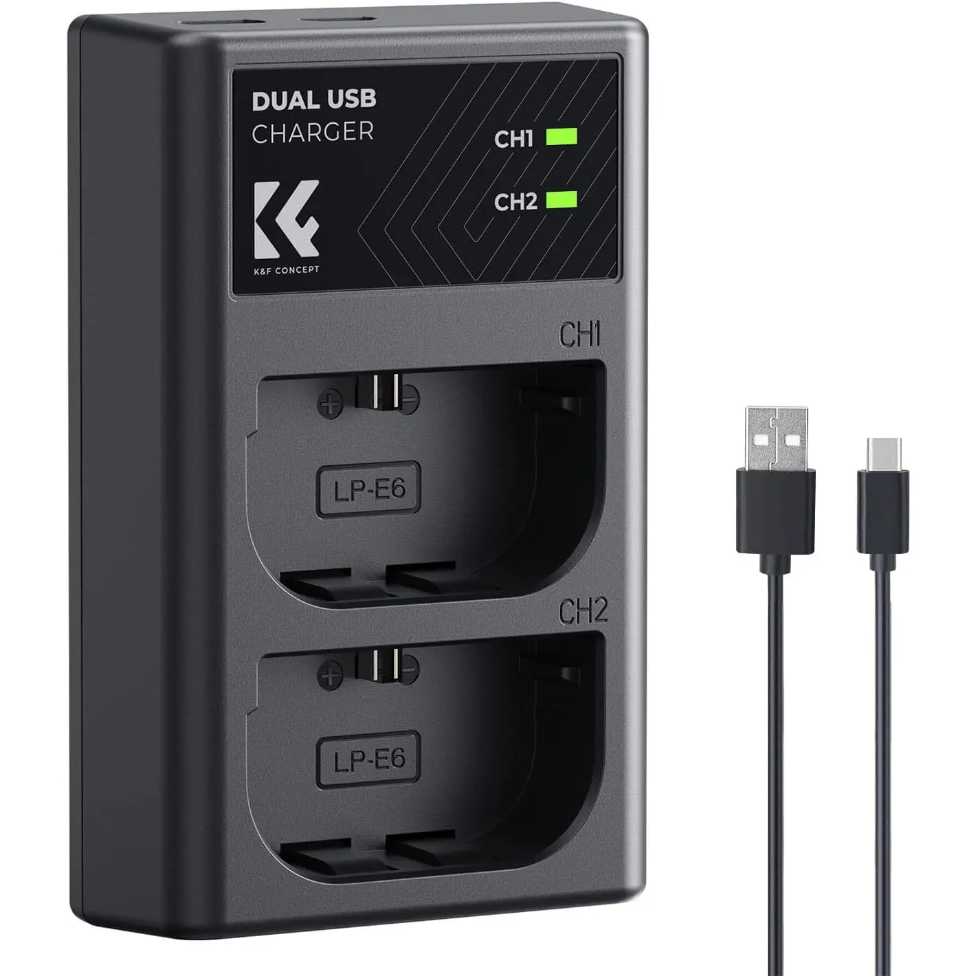 K&F Concept Dual-Slot Battery Charger for Canon LP-E6 Series, Type-C/Micro USB Compatible with EOS R5, R6, RP, R7, 5D Mark III/IV, 6D Mark IV, 5DS Cameras, Camera Accessory with Lights