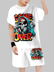 Children Skull Game over Print Short Sleeve Shorts Set, Boys Casual Gaming Two-Piece, Fitted Random Print, Short Sleeve, Summer Wear, Clothing Sets