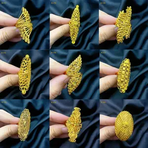 Ethiopia Arab Dubai Gold Plated Long Rings For Women Resizable Wedding Jewelry African Party Gift Nigerian Big Jewellery