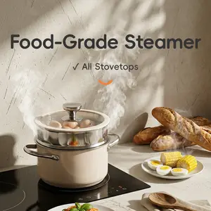 2L 304 Stainless Steel Cookware Set: Steam Pot & Beige Stock Pot with Silicone-Glass Lid & Steamer, Compatible with All Stovetops Kitchenware