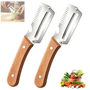 2-Pack Multi-Functional Vegetable Peeler for Kitchen - Ultra-Sharp Stainless Steel Potato Peeler with Wooden Handle & Bottle Opener, Lightweight, Multi-Slice Peelers