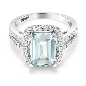 3.68 Cttw Sky Blue Simulated Aquamarine Engagement Ring For Women | 925 Sterling Silver | Emerald Cut 10X8MM | Wedding Engagement Anniversary Promise Ring For Women