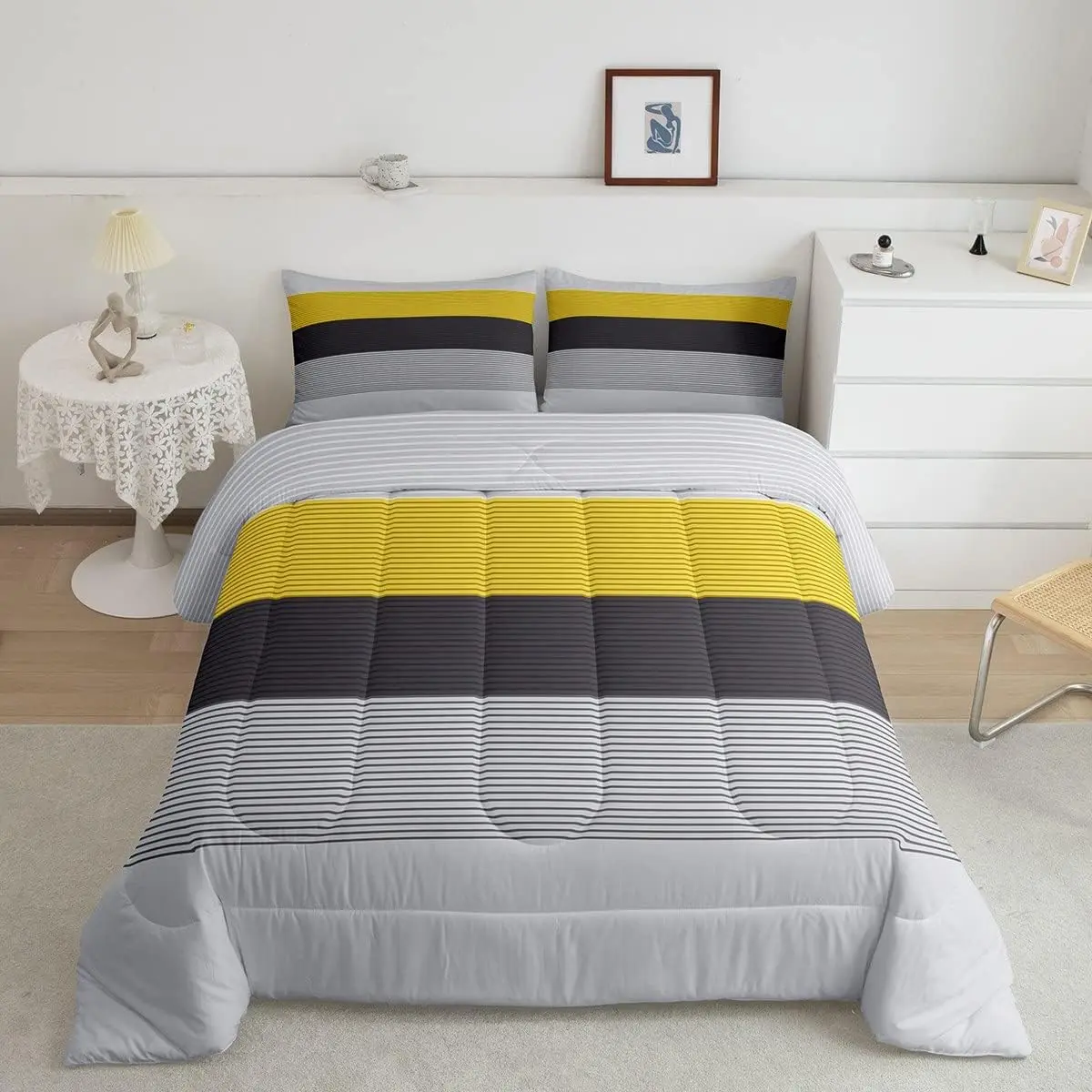 Feelyou Ombre Yellow Striped Breathable Microfiber Bedding Set - Modern Rustic Farmhouse Geometric Patchwork Comforter Set with Duvet Insert, Breathable Duvet Set