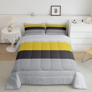 Feelyou Ombre Yellow Striped Breathable Microfiber Bedding Set - Modern Rustic Farmhouse Geometric Patchwork Comforter Set with Duvet Insert, Breathable Duvet Set