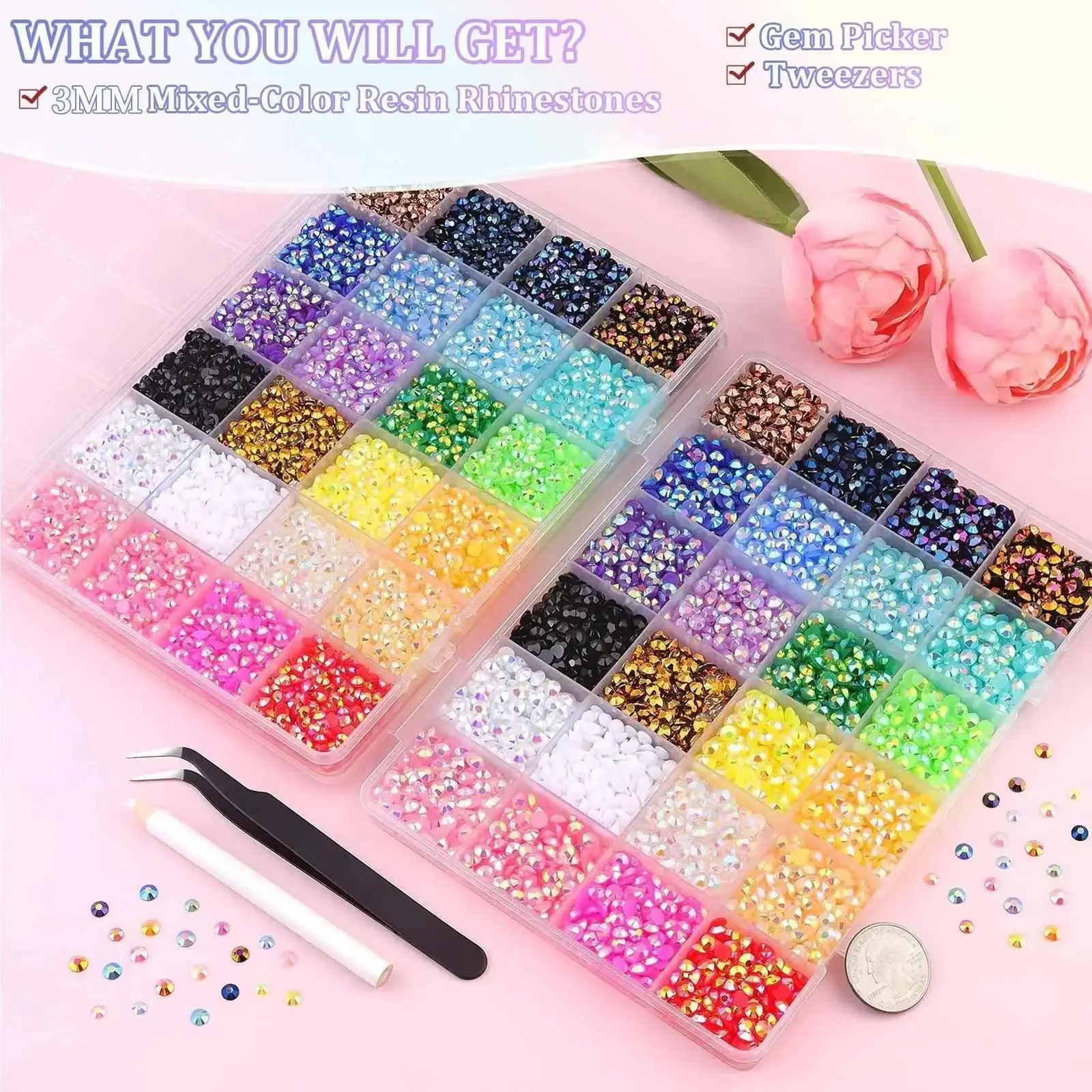 10000Pcs/box Resin Jelly Rhinestones, Diy Rhinestone for Bedazzling, Multicolor 3mm Flatback Gems for Diamond Art, Bedazzler Kit With pen and tweezers for Bedazzle Thing Crafting Book Nail Art, Nail Design