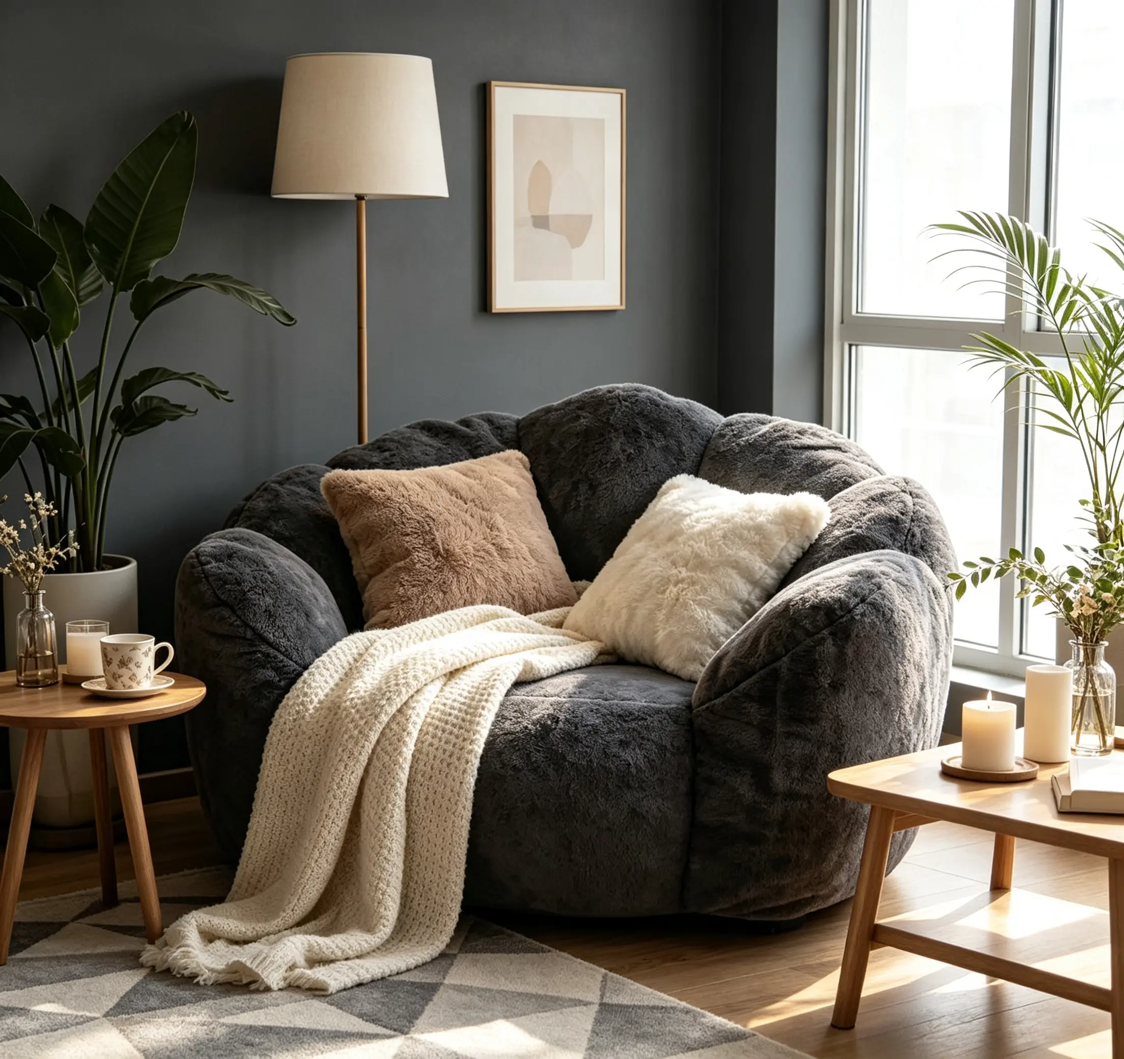 Large Single-Petal Fluffy Accent Chair - Artificial Rabbit Velvet Comfy Fabric Chair with Shredded Foam, Modern Heavy-Duty Plus-Size Cloud Sofa Armchair, Upholstered Living Room Furniture for Adults