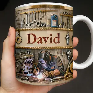 Customizable Name Tools And Gears Mug Custom Gift, (Leave Note at Checkout), 2D Printed 3D Effect Coffee Cup, Professional Tools Theme Mug, Engineer Mechanic Trade Gift Idea, Work Gear Keepsake, 11oz Ceramic Mug