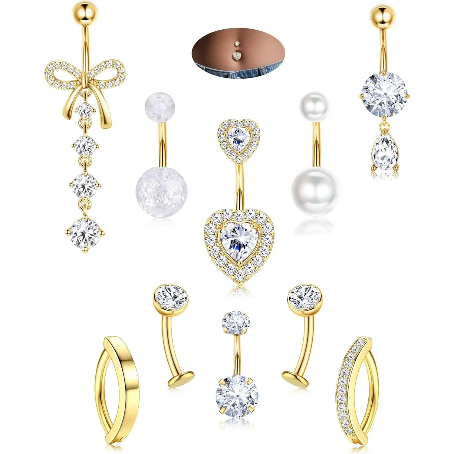 Belly Button Rings for Women, 10-Pack 14G Hypoallergenic Surgical Stainless Steel Dainty Dangle Set with CZ, Heart, Bow & Pearl