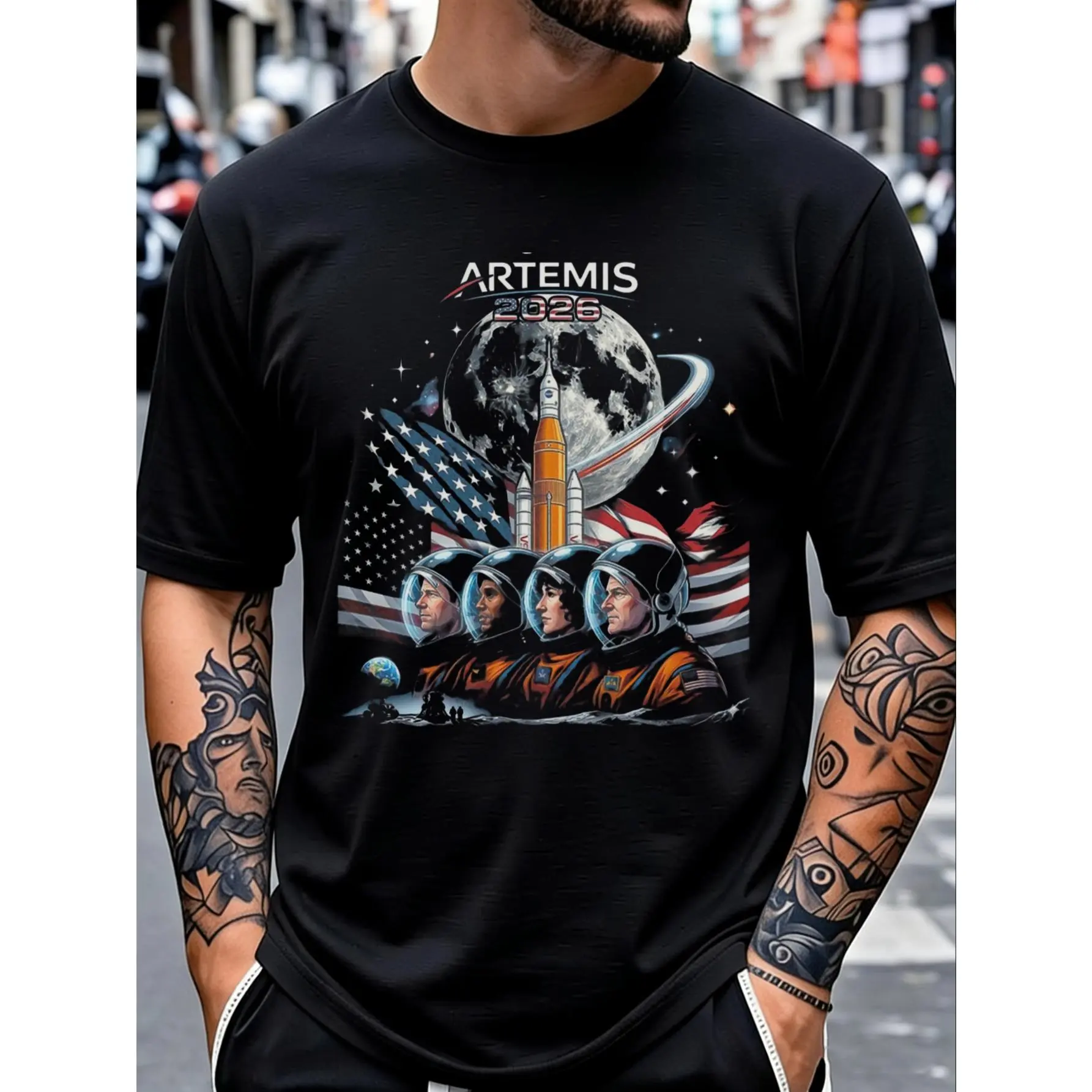 Women's Short-Sleeve Round Neck Casual Graphic T-Shirt - Comfort Colors, Artemis 2 2026 Rocket Launch, Moon-Themed Space Exploration Science Gift Top