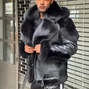 Men’s Black Leather Jacket with Fur Collar and Hood, Thickened Fleece Lining, Model 6556