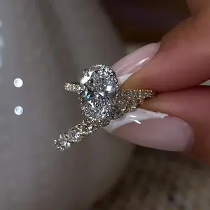 Set Oval Cut Engagement Ring & Band, Hidden Halo Ring Pave