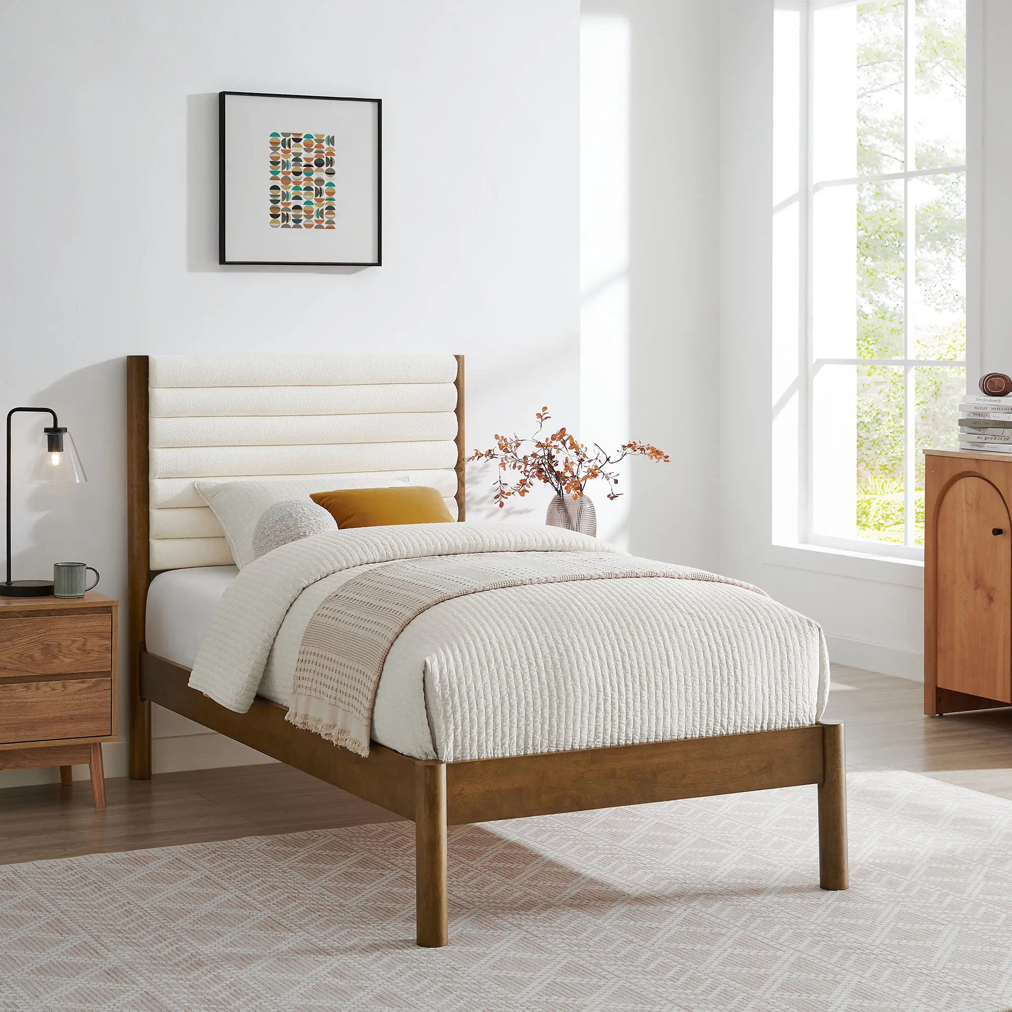 Olea Channel Tufted Boucle Solid Wood Twin Platform Bed in Feather Walnut