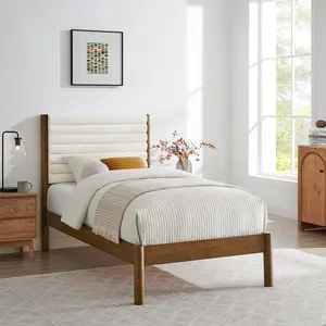 Olea Channel Tufted Boucle Solid Wood Twin Platform Bed in Feather Walnut