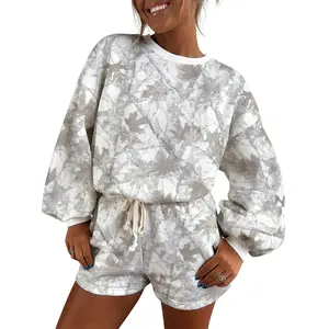 Abstract Woodland Camo Print Baggy Pullover Drawstring Shorts Set