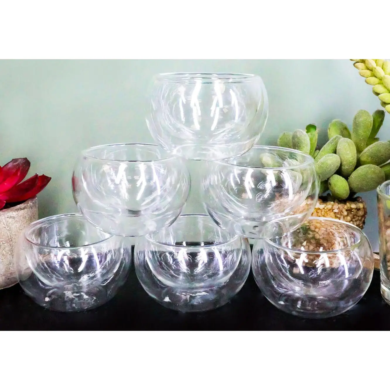 Ebros Gift Heat Thermal Resistant Double Wall Insulated Glass Sake or Tea Cup Set of 6 Cups Glasses Drinks Kitchen Decor (Small 2.5"Diameter 2oz)