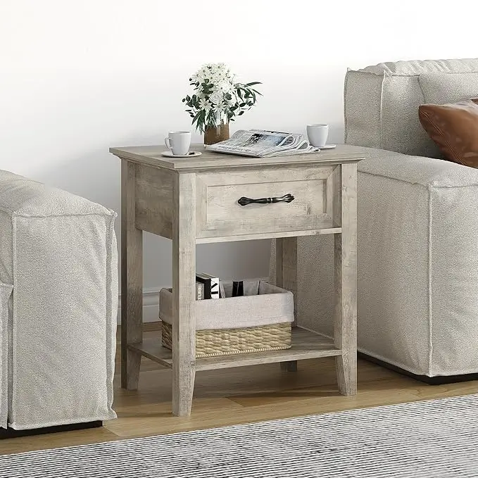 Nightstands, End Table with Drawer, Side Table for Living Room, 2 Tiers Storage Shelves Bedside Table for Study Room, Bedroom, Dorm