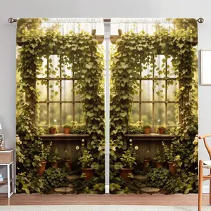 Green Vine Pattern Door Curtain, 1 Set Modern Art Garden Window Door Curtain, Heat Insulation Privacy Panel for Home Living Room Bedroom, Home Decoration Curtain