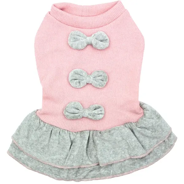 Parisian Pet 'Winter Bows Dress' Dog & Cat Shirt – Elegant Holiday Pet Dress – Pink & Grey-Valentine's Day Costume Clothes