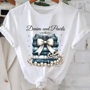 Women's Denim Pearl Print Crew Neck Short Sleeve Shirt | Casual and stylish top, fashionable women's clothing, ideal for birthdays and holiday gifts, spring/summer style.