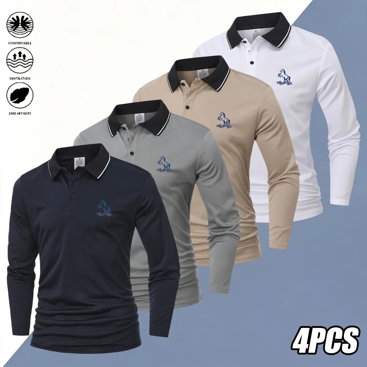 JOGWAVE 4PCS Men’s Long-Sleeve Polo Shirt with a collar design, made from soft solid-color fabric; suitable for vacations and business occasions, ideal for outdoor leisure and professional settings. It offers excellent breathability and is perfect for pla