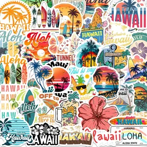 50pcs Hawaii Vintage Surf Stickers Pack, Waterproof Tropical Beach Aloha & Palm Tree Decals for Laptop, Water Bottle, Journal & Scrapbook, Travel Lover Gift