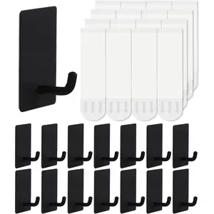 14 Pcs Towel Hooks with Removable Strips for Hanging, Adhesive Wall Heavy Duty, Outdoor No Damage, Sticky Hook for Bathrooms, Shower, Stockings, Decor, Robe, Small, Black 304 Stainless Steel