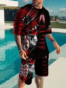 2-Piece Set Men's Skull Graphic Print Short Sleeve T-Shirt and Fitted Track Shorts, Casual Summer for Stylish Men