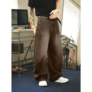 [Vintage Denim Jeans] Vintage Brown Denim Men's Loose Fit Wide Leg Jeans |   Street Style, No Belt/Accessories Included, Machine Washable, All-Season Comfort, Casual Streetwear, Highstreet Fashion, Nonstretch Denim