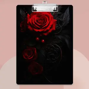 1-piece, dark gothic red rose flower pattern, A4 with clip writing board suitable for notes, tables, files, drawings on the desktop, offices, cashier counters, etc.