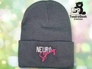NeuroSpicy Embroidered Cuff Beanie – Large Knit Hat in Black, Hot Pink, Neon Blue, Gray | Neurodivergent Pride Winter Gift