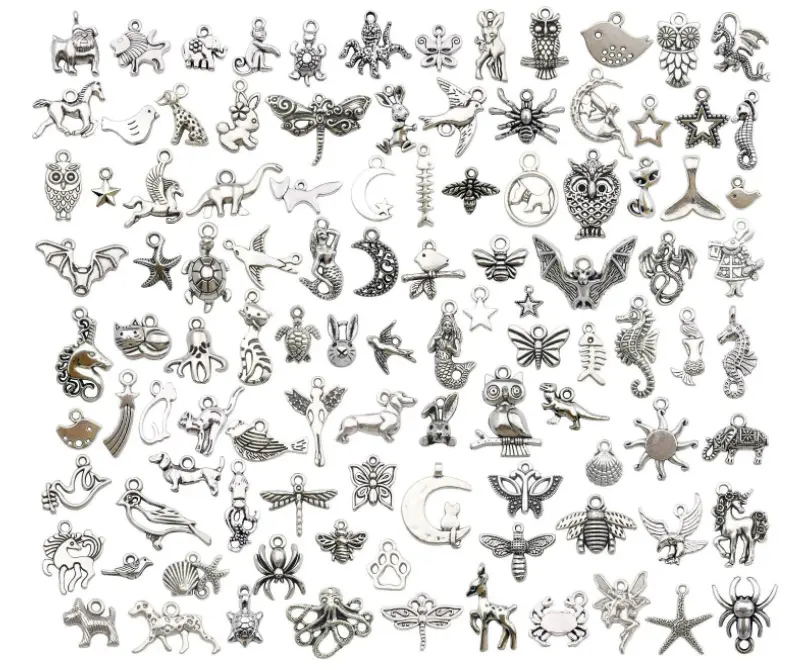 Animal Charms Collection, BULK 100 Mini Small Silver Charms Metal Pendant Craft Supplies Findings for Necklace and Bracelet Jewelry Making (HM289)