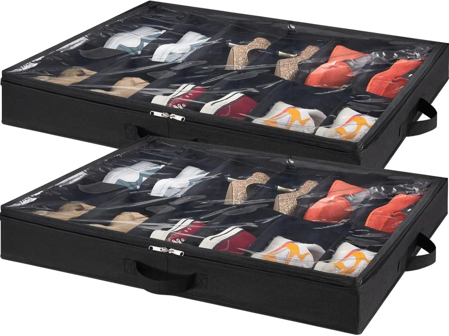 Under Bed Shoe Storage Organizer Set of 2, 4.3 Inches Tall Low Profile Fabric Shoes Container Box with Clear Cover, Foldable Storage Bag with 2 Handles, Total Fits 24 Pairs of Shoes, Black