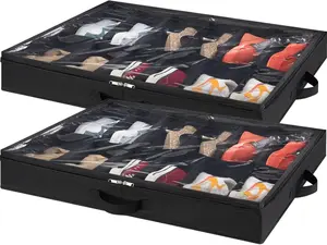 Under Bed Shoe Storage Organizer Set of 2, 4.3 Inches Tall Low Profile Fabric Shoes Container Box with Clear Cover, Foldable Storage Bag with 2 Handles, Total Fits 24 Pairs of Shoes, Black