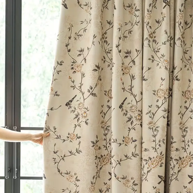 1pc New Oriental Style Printed Blackout Window Cover Curtain, blackout curtains, Home Decorative Curtain, Plant Floral Design, Vintage Flowers and Flying Birds Pattern, Modern Minimalist Bedroom Living Room, Interior Decoration Accessories
