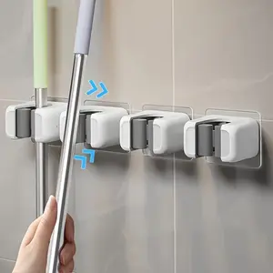 4pcs Non-perforated Wall-mounted Mop Broom Rack-strong Plastic Mop Storage Clip and Broom Hook, Space-saving Vertical Storage, Suitable for Home, Kitchen, Bathroom (no Screws/self-installation)-modern Clean and Practical Hook, Utility Hooks