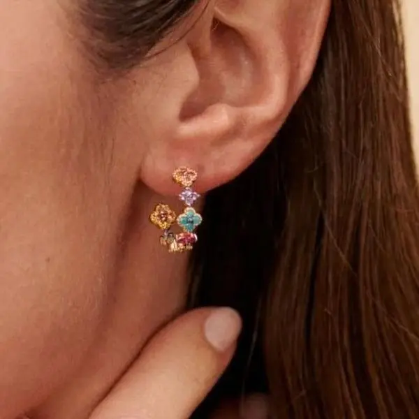 MultiColor Gold Flower Hoop Earrings for Women with Vibrant Petals and Sparkling Centers