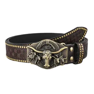 Western Cowboy PU Leather Belt - Men Waist Strap Bull Decoration Floral Engraved for Jeans 35-40" Waist Western Belts