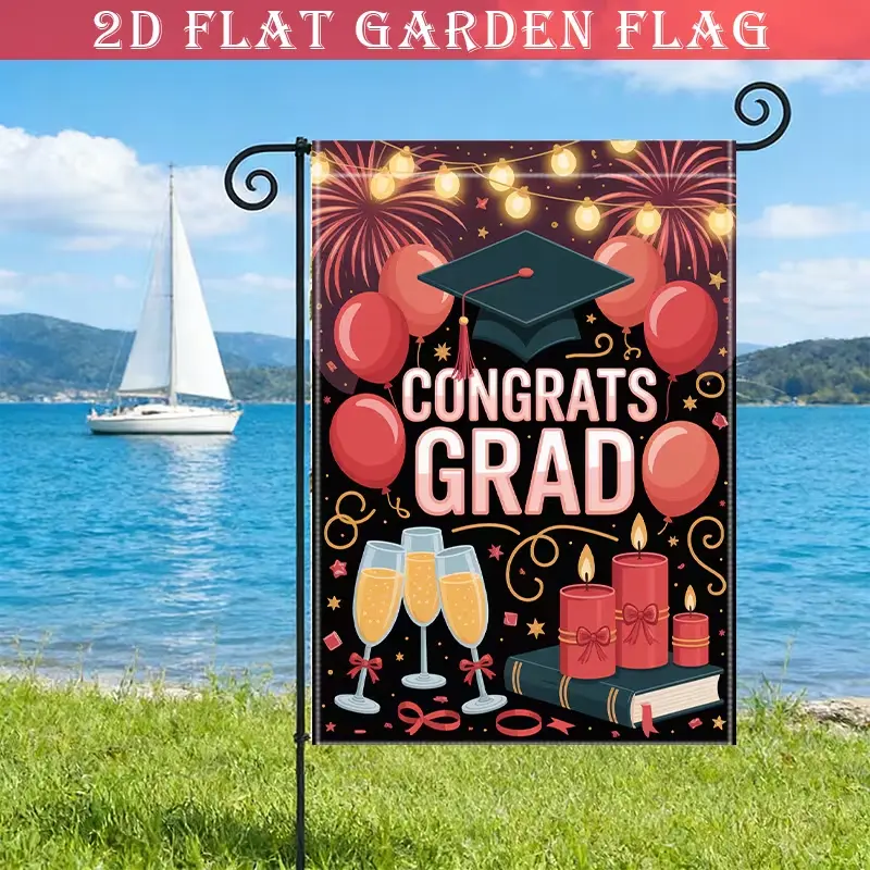 Congrats Grad Graduation Garden Flag Cap Balloon Champagne Party Yard Decor 2D Flat Congrats Grad Yard Flag Grad Cap Balloon Champagne Graduation Home Patio Decor