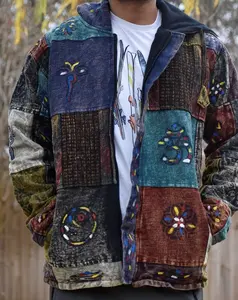 Fashionable Unisex Multicolor Fleece Lined Cotton Hoodie Handmade Patchwork Double Layered Jacket