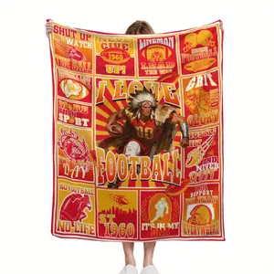 Retro rugby Blanket Heavyweight Flannel All Season Warmth Team Spirit Design Horses Helmets Crowns Soft Sofa Camping Office Throw Perfect Game Day Gift for Fans Multiple Sizes Vintage Sports Decor Red Golden