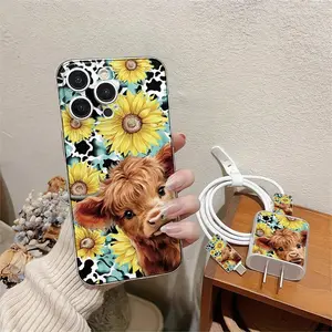5 Piece Set Cute Cow Sunflower Phone Case, Charger Head Cover, Cable Protector, Storage Rope, Anti-Drop Tpu Case for iPhone 6/7/8/x/11/12/13/14/15/16/17 Pro Max