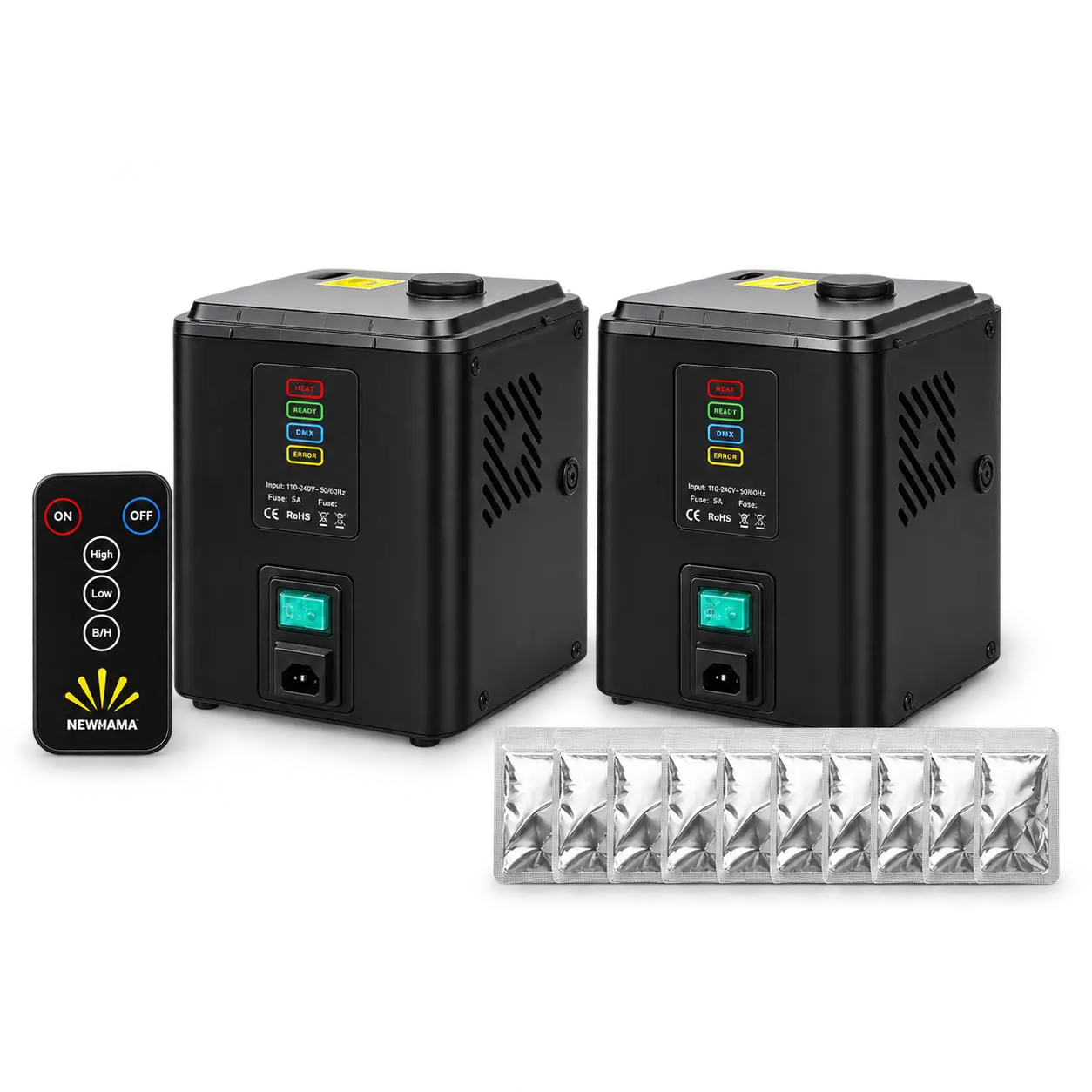 2 x Portable Mini Cold Spark Machine, FX Device with Auto Safety Cutoff, No DMX, for Stage Weddings, 2 Black Units + 10 x 50g Consumables, Festive Party Supplies