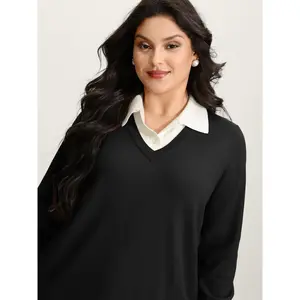 BLOOMCHIC Women's Plus Size Super Soft 2-in-1 Polo Collar Color-Contrast Long Sleeve Nylon Fabric Casual Patchwork Sweater [M-6X], Summer 2026 Vibe,Spotlight,Summer wins,Deals for you days
