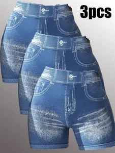 Three pairs of yoga and sports pants designed with jeans, and shorts with a quirky design style