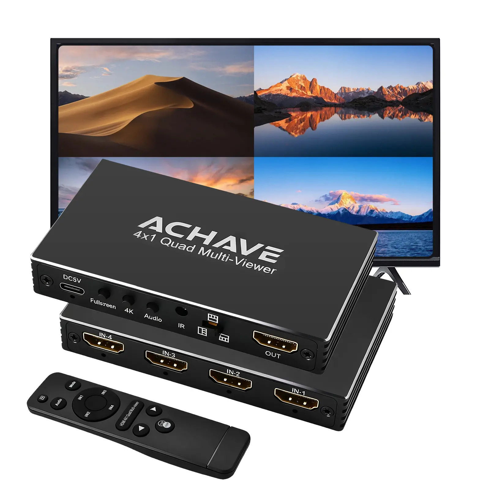 ACHAVE 4x1 Seamless HDMI Multiviewer Switch, 4 in 1 Out KVM Switch with IR Remote, 4k hd support, 1080p 60Hz, 9 Upgrade Display Modes for Security Cameras, Gaming Consoles