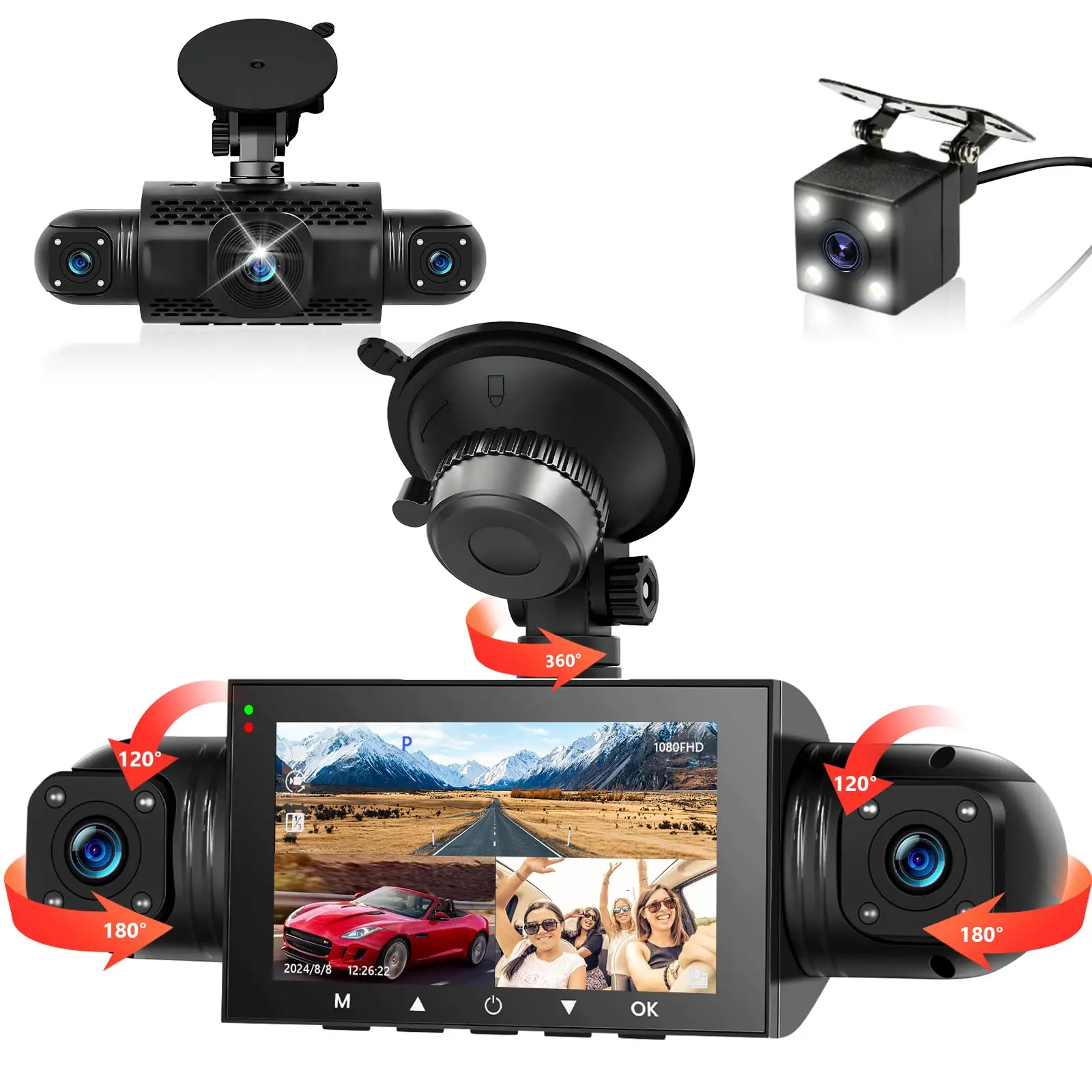 360° Interior Dashcam for Driving Safety, Windshield-Mounted 4-Channel Car Camera with 3" IPS Touchscreen, 8 IR Night Vision, Loop Recording, G-Sensor, 24-Hour Monitoring, Rear Camera Display, Father's Day Gift, Comprehensive Protection