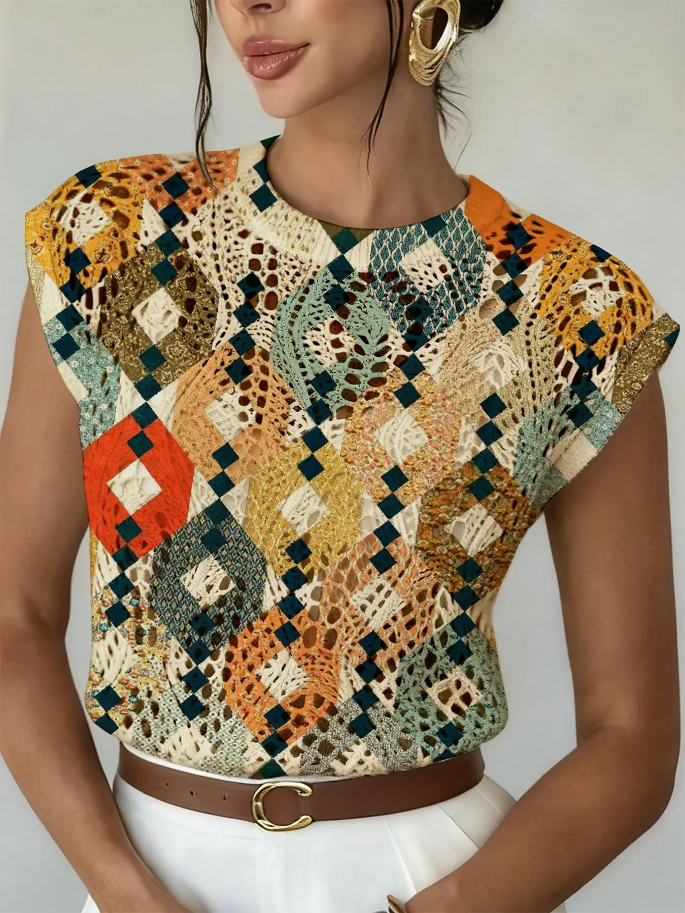 Women's Vintage Artistic Colorblock Geometric Diamond Print Round Neck Sweater, Casual Loose Fit Knit Top for Spring Summer Fall