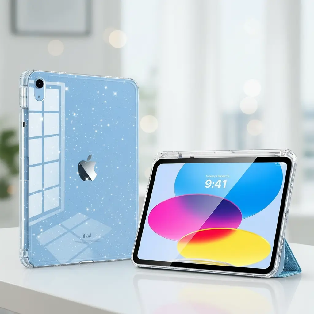 Sky Blue Glitter iPad Case Clear Back Smart Cover with Pencil Holder for iPad 11th Gen 11 Inch and 10th Gen 10.9 Inch
