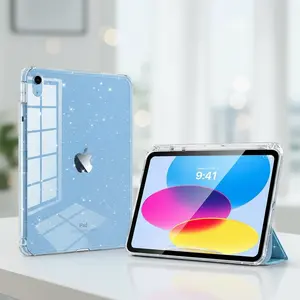 Sky Blue Glitter iPad Case Clear Back Smart Cover with Pencil Holder for iPad 11th Gen 11 Inch and 10th Gen 10.9 Inch