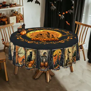 XEXSIN Halloween Decor Printed Tablecloth, Day Of The Dead Round Table Cloth, Dining Table Decoration, Pumpkin Bat Witch Ghost Pattern Table Cover, Holiday Party Indoor Dining Decoration, Rectangular Table Cover, Holiday Household Kitchen Supplies Gift